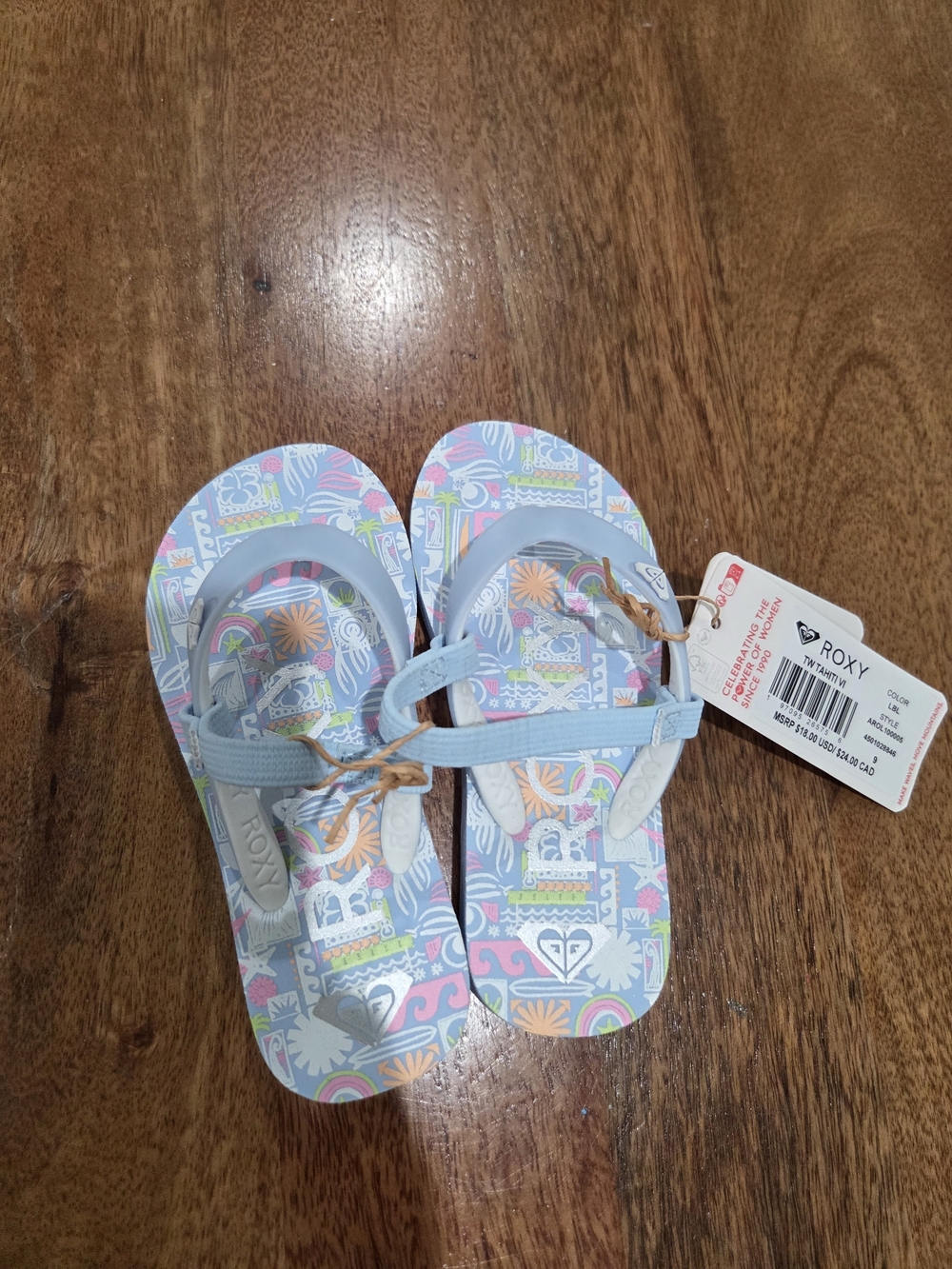 Roxy Kids Light Blue Flip Flops with Pastel Tropical Print